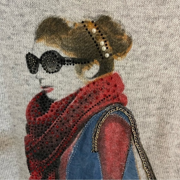 𝅺🎀 Graphic Bejewelled Ladies Longsleeve Wool Mix Top, Size M - Picture 8 of 10